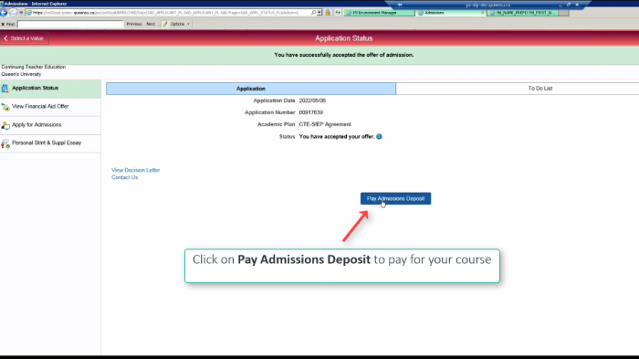 Shows clicking on Pay Admission Deposit in SOLUS